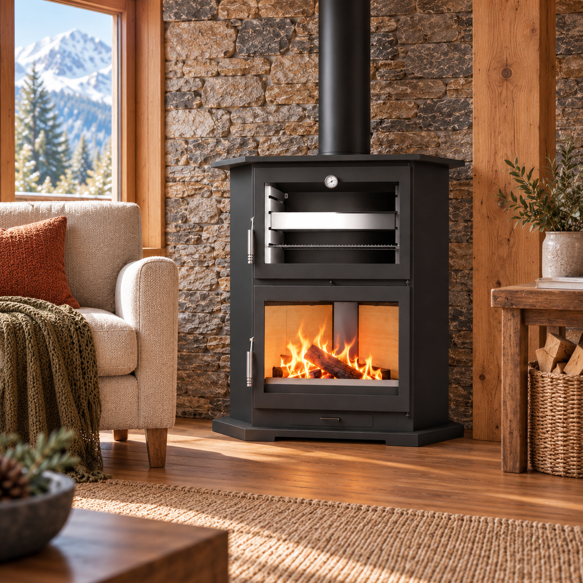 CH-9R-02-chalet-vue-rapprochee Poêle à bois d'angle avec four, CH-9 R, 10,9 kW – Image 1