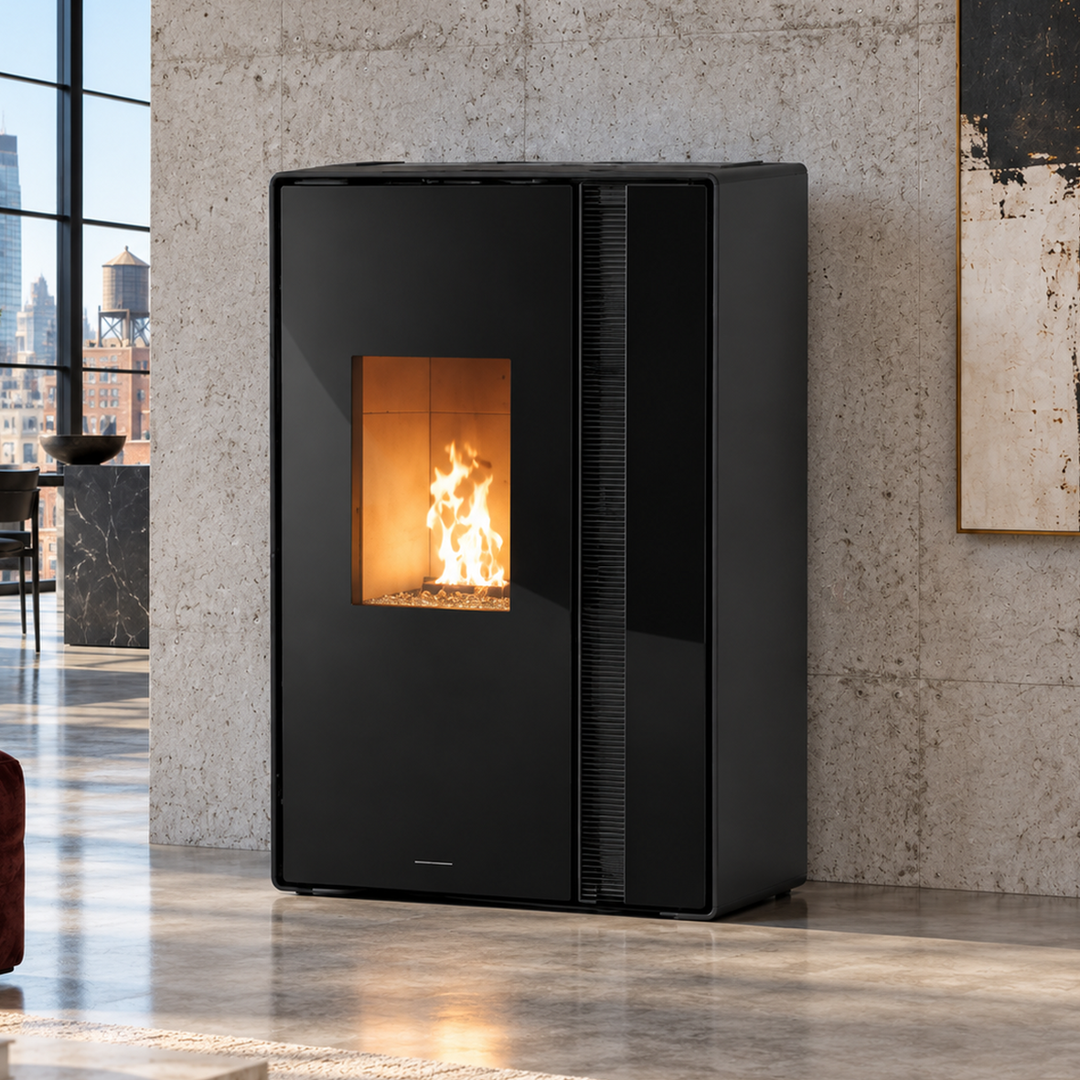 Takumi-loft-home Poêle à bois TAKUMI 14 KW - SORTIE FUMEES POSTERIEURE - COTES ACIER NOIR ET TOP CERAMIQUE NOIR, 14 kW – Image 1
